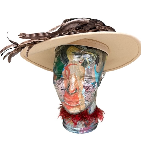 Vintage Jack McConnell Feather Hat, Cream Felt Wide Brim, Real Feathers, Rare - Picture 1 of 12